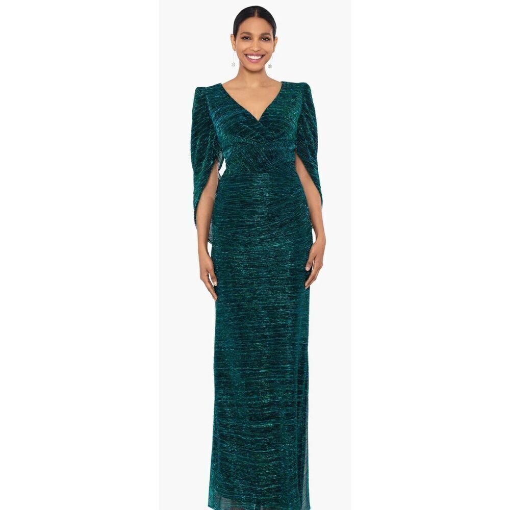 Betsy & Adam "MARISA" LONG CRINKLE DRAPE SLEEVE DRESS in Jade NWOT Size 8
